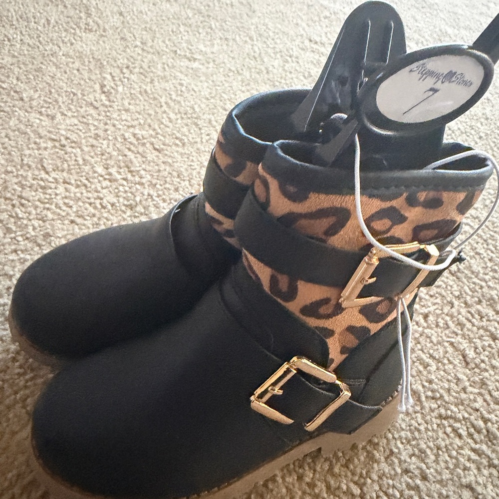 Kids Black and Leopard Print Boots